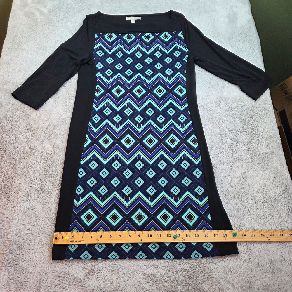 Banana Republic Geometric Shift Dress Womens Sz S 3/4 Sleeve Blue Black Pattern